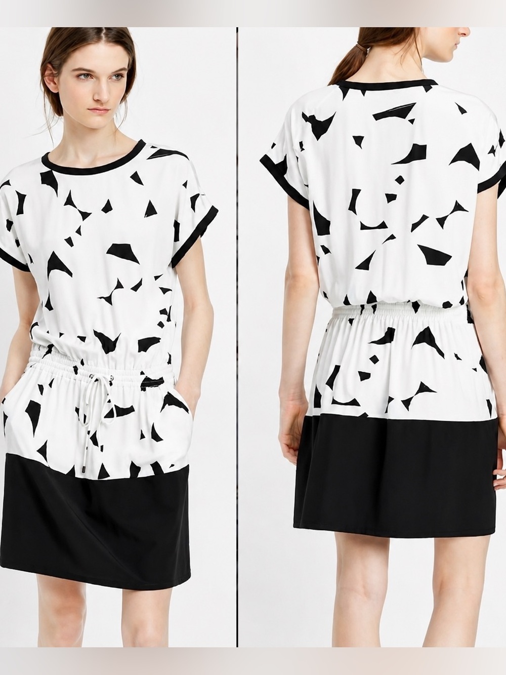 Vince Women'S White & Black Print Tie Waist Contrast Band Silk Dress